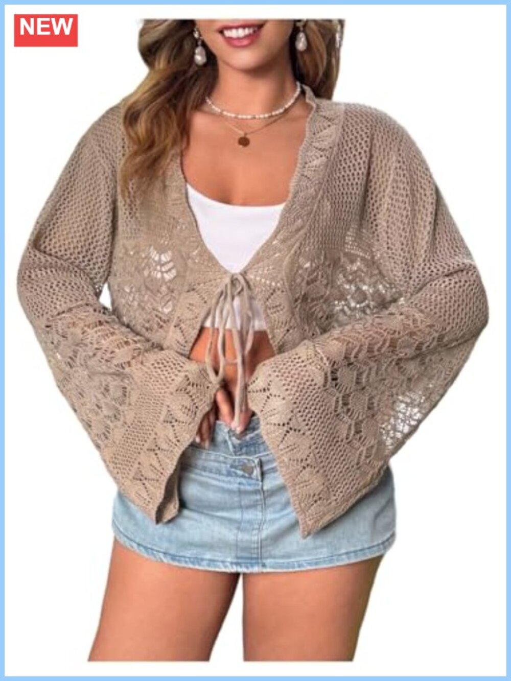 Women's Plus Size Crochet Cardigan Bell Sleeve Tie Front Lightweight Crop Top